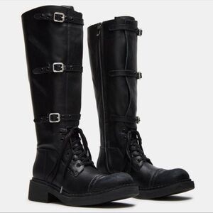 Women's Steve Madden Critical Black Knee-High Combat Distressed Leather Boots